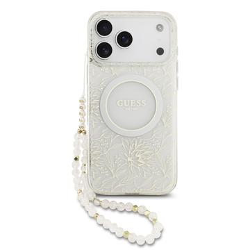 Husă cu curea din perle iPhone 17 Pro Max Guess IML Flowers Allover Electro - compatibil MagSafe - alb