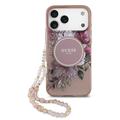 Husă cu curea din perle iPhone 17 Pro Max Guess IML Flowers - roz