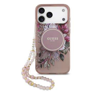 Husă cu curea din perle iPhone 17 Pro Max Guess IML Flowers - roz