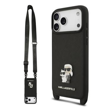 Husă iPhone 17 Pro Max - Karl Lagerfeld Saffiano Crossbody Metal Karl & Choupette - Negru