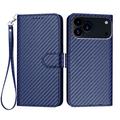 iPhone 17 Pro Max Husă portofel premium cu curea - fibra de carbon textură - Albastru de carbon
