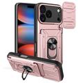 Husă Hibridă iPhone 17 Pro cu Inel Rotativ cu Ecran pentru Cameră - Auriu Roze