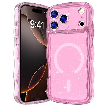 Husă MagSafe iPhone 17 Pro Wave-Edge Laser Glitter - roz translucid