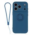 Husă din silicon lichid iPhone 18 Pro cu inel de prindere și curea pentru încheietură - Albastru de noapte