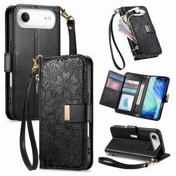 Husă portofel iPhone Air cu model floral și frunze, buzunar cu fermoar și curea de mână