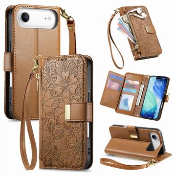 Husă portofel iPhone Air cu model floral și frunze, buzunar cu fermoar și curea de mână - Maro