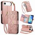 Husă portofel iPhone Air cu model floral și frunze, buzunar cu fermoar și curea de mână - roz