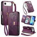 Husă portofel iPhone Air cu model floral și frunze, buzunar cu fermoar și curea de mână - Purple