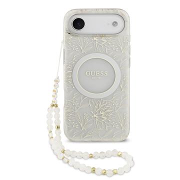Husă cu curea din perle iPhone Air Guess IML Flowers Allover Electro - compatibil MagSafe - alb
