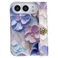Husă iPhone Duo cu motiv floral în relief, în stil acuarelă, cu curea pentru încheietură - Albastră