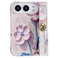 Husă iPhone Duo cu motiv floral în relief, în stil acuarelă, cu curea pentru încheietură - roz
