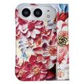 Husă iPhone Duo cu motiv floral în relief, în stil acuarelă, cu curea pentru încheietură - Roșu