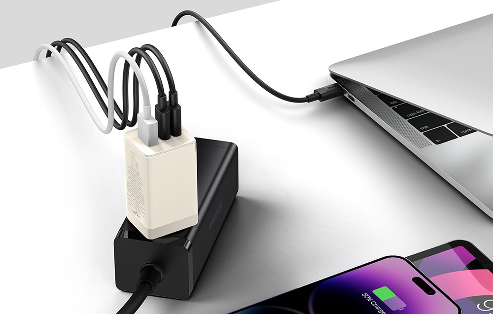 Încărcător de perete Baseus GaN5 Ultra 65W - cablu USB-C, 2x USB-C, USB-A - alb