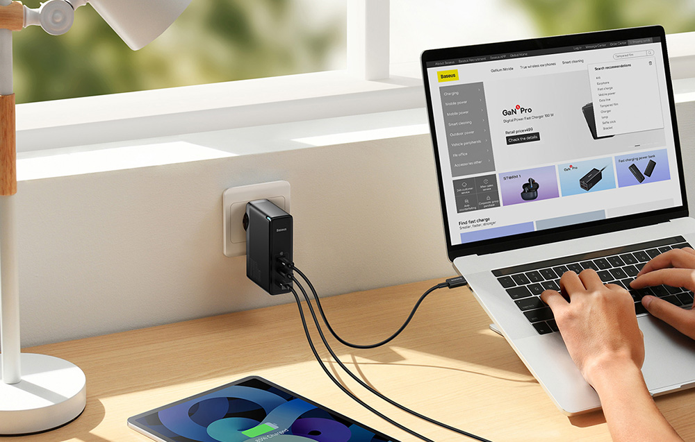 Baseus GaN5 Pro 140W încărcător de perete cu cablu de încărcare USB-C - 2xUSB-C, USB-A - negru