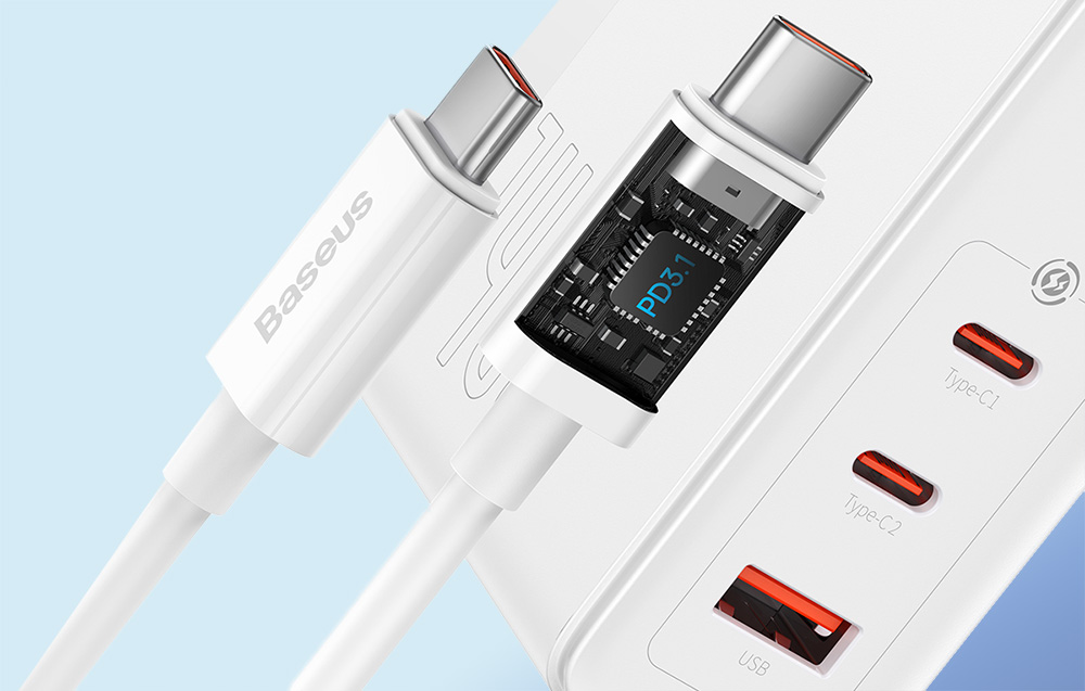 Baseus GaN5 Pro 140W încărcător de perete cu cablu de încărcare USB-C - 2xUSB-C, USB-A - alb